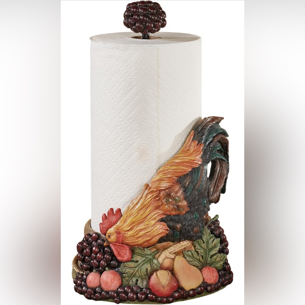 Brand new Rooster paper towel holder. Never taken out of box (hence images).